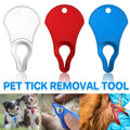 Compact aluminum pet tick removal tool with a notched tip in silver, red, and blue