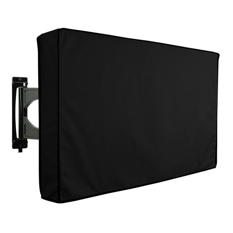 Black waterproof outdoor TV cover zipped over a flat screen television on a backyard patio. — view 2