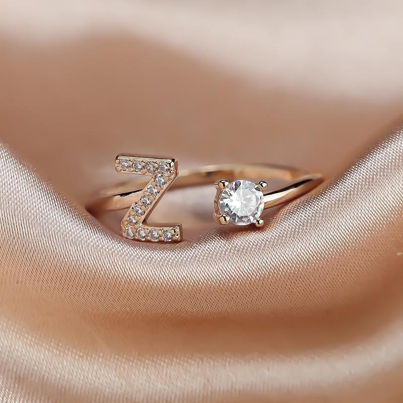 Adjustable rose gold open initial ring with sparkling zircon embellishments for women — view 4