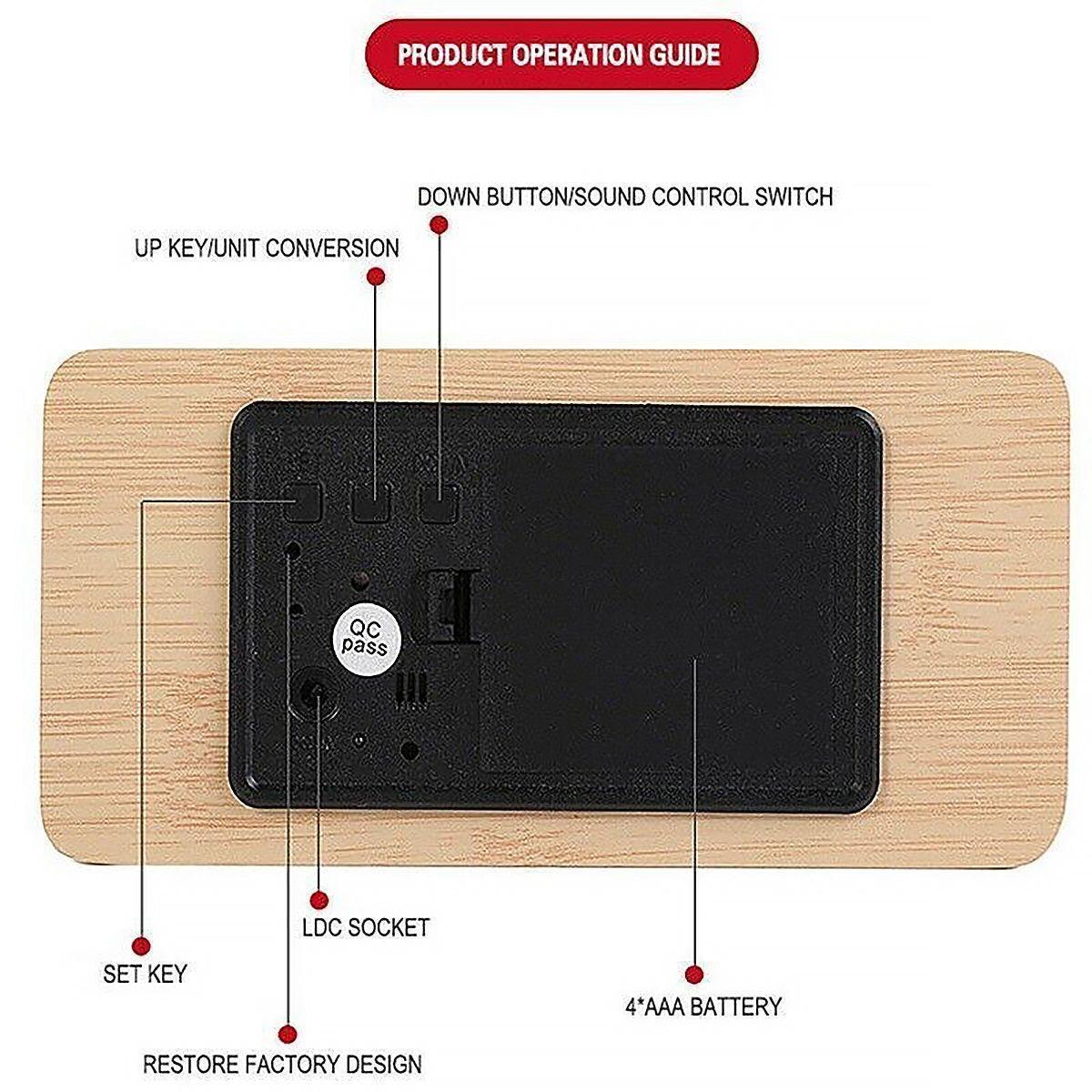 Modern minimalist wooden digital alarm clock with bright LED time and temperature display. — view 4