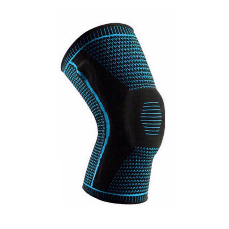 Blue knitted sports knee compression brace with silicone padding for joint support and injury prevention — view 2