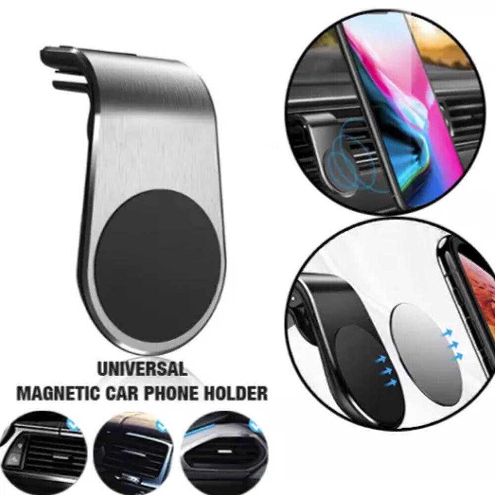 Universal magnetic car air vent phone mount in sleek aluminum holding a smartphone on dashboard — view 4