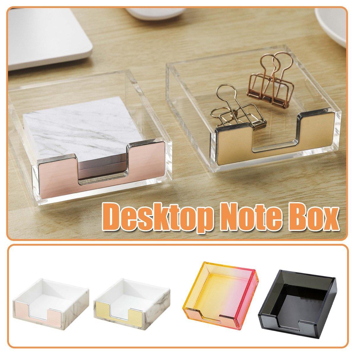 Desktop sticky note box organiser in stylish acrylic holding memo pads and office desk accessories