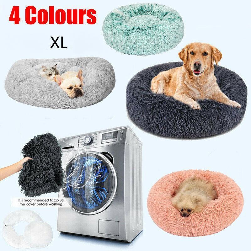 Aimall plush calming donut pet bed with washable zipper cover in light grey.