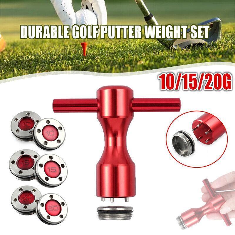 Custom golf putter weights set with red aircraft aluminum wrench and stainless steel adjustment tools