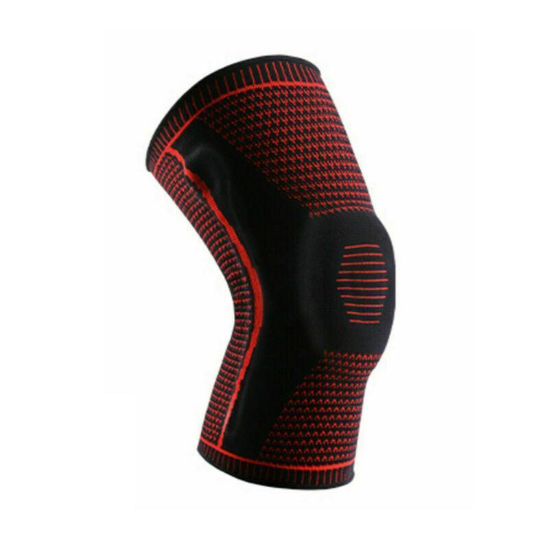 Red knee compression sleeve with silicone padding and breathable knitted fabric for sports support — view 2