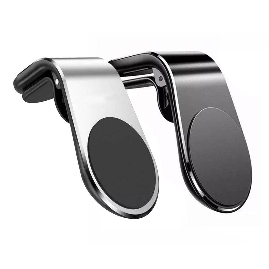 Universal magnetic car air vent phone mount in sleek aluminum holding a smartphone on dashboard — view 2