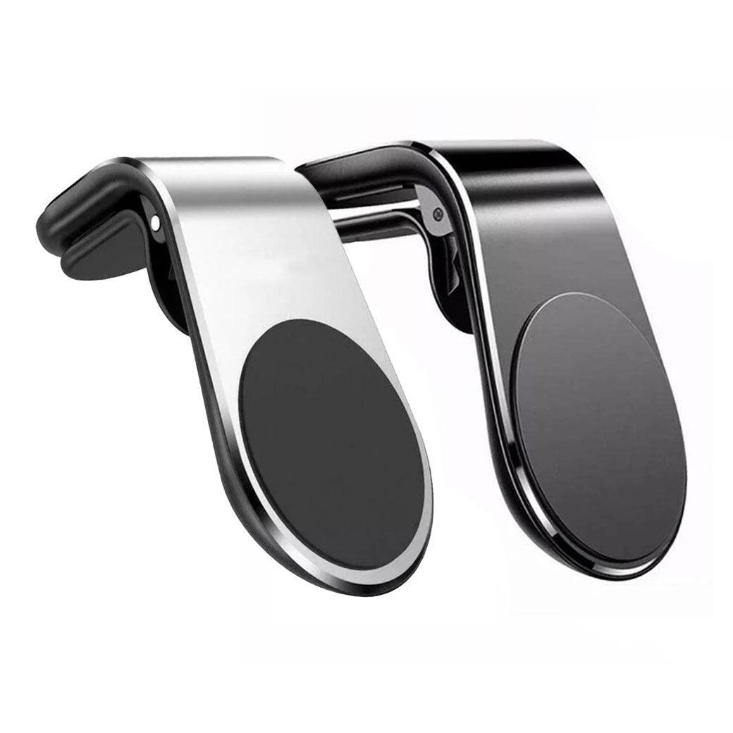 Universal magnetic car air vent phone mount in sleek aluminum holding a smartphone on dashboard — view 2