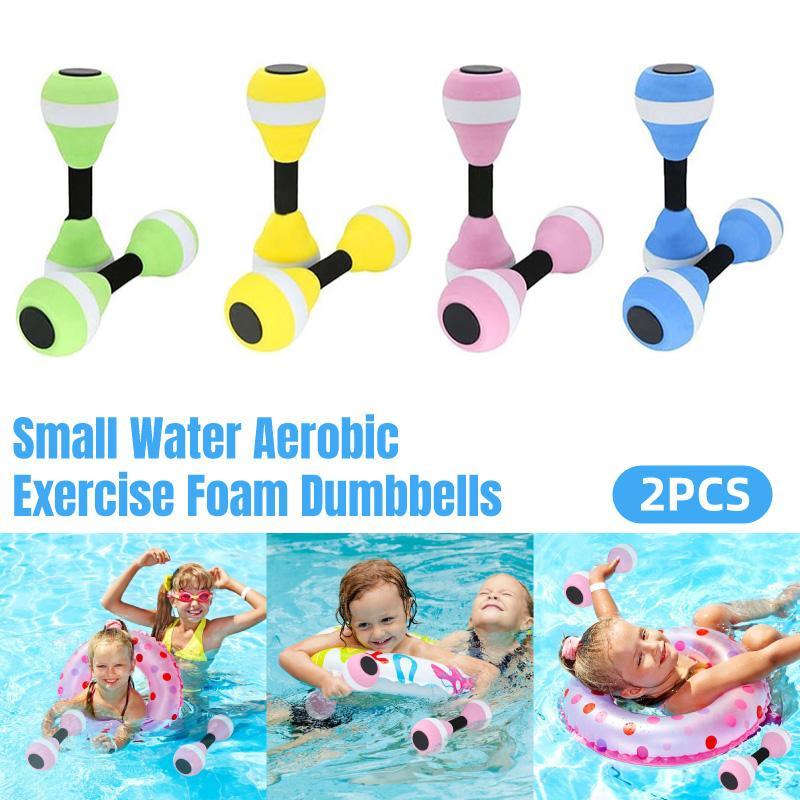 Two bright colourful EVA foam swimming buoyancy dumbbells for kids water activities and lessons.