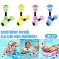 Two bright colourful EVA foam swimming buoyancy dumbbells for kids water activities and lessons.