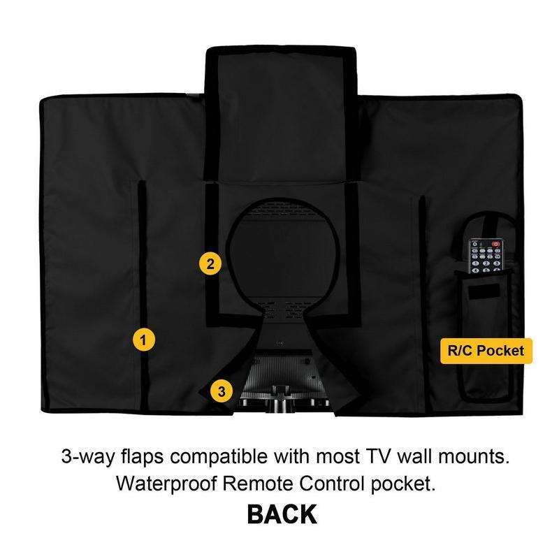 Black waterproof outdoor TV cover zipped over a flat screen television on a backyard patio. — view 5