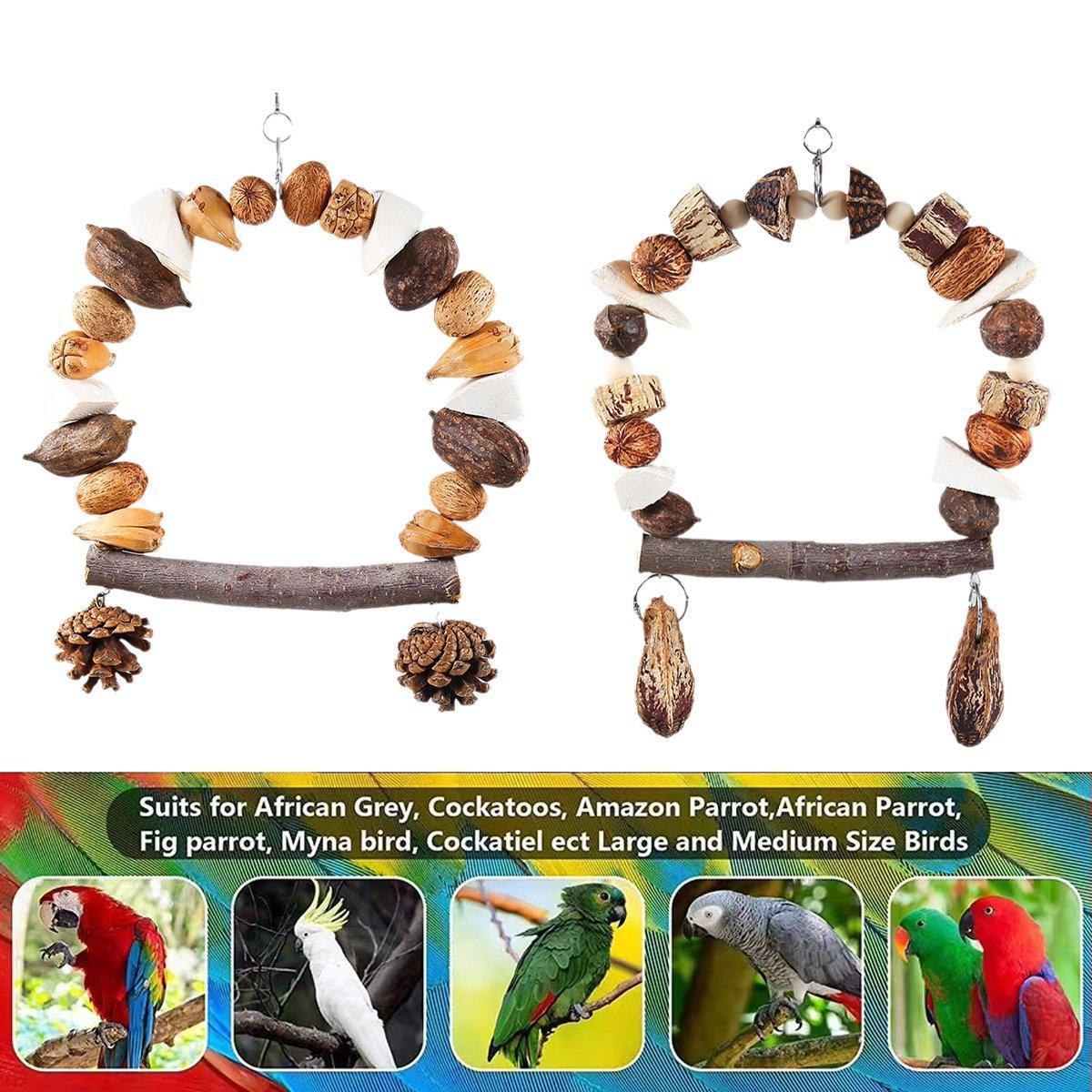 Natural wood parrot chew toy with hanging hook for beak grinding and active cage climbing — view 4