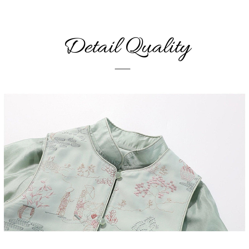 Girls embroidered two-piece set featuring a light green western shirt and traditional decorated waistcoat — view 5