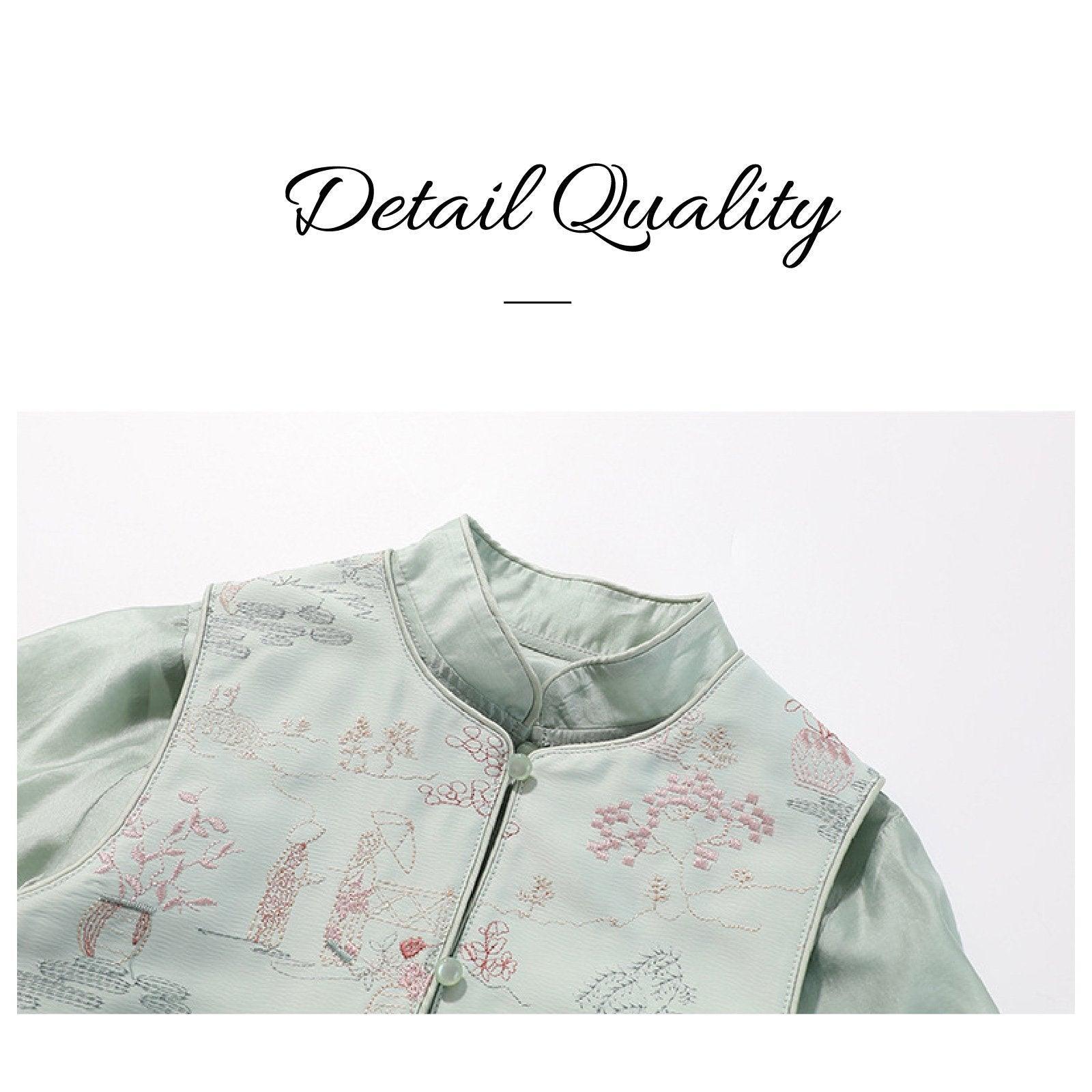 Girls embroidered two-piece set featuring a light green western shirt and traditional decorated waistcoat — view 5