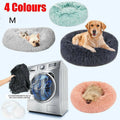 Calming plush round pet bed in soft fabric with waterproof base and washable zipper cover