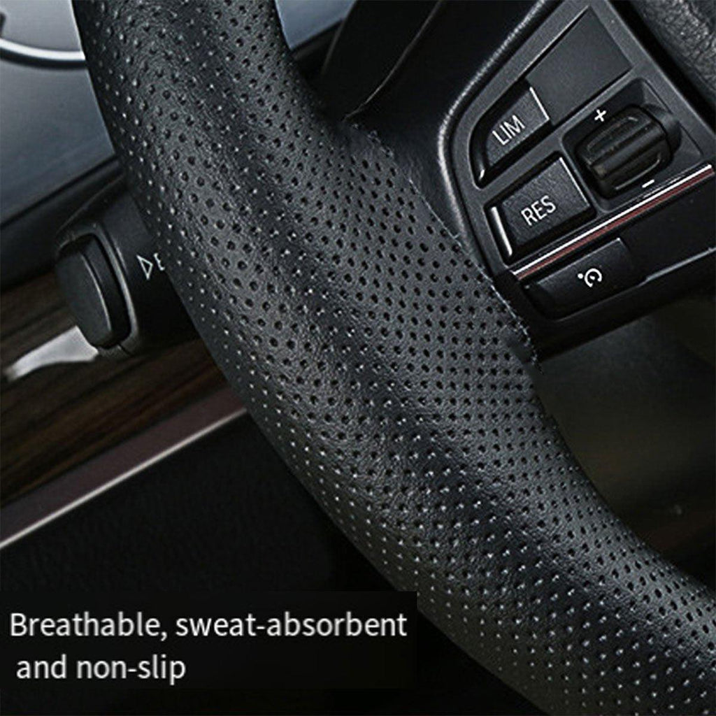 Universal car steering wheel cover in black perforated PU leather with anti-slip grip texture. — view 5