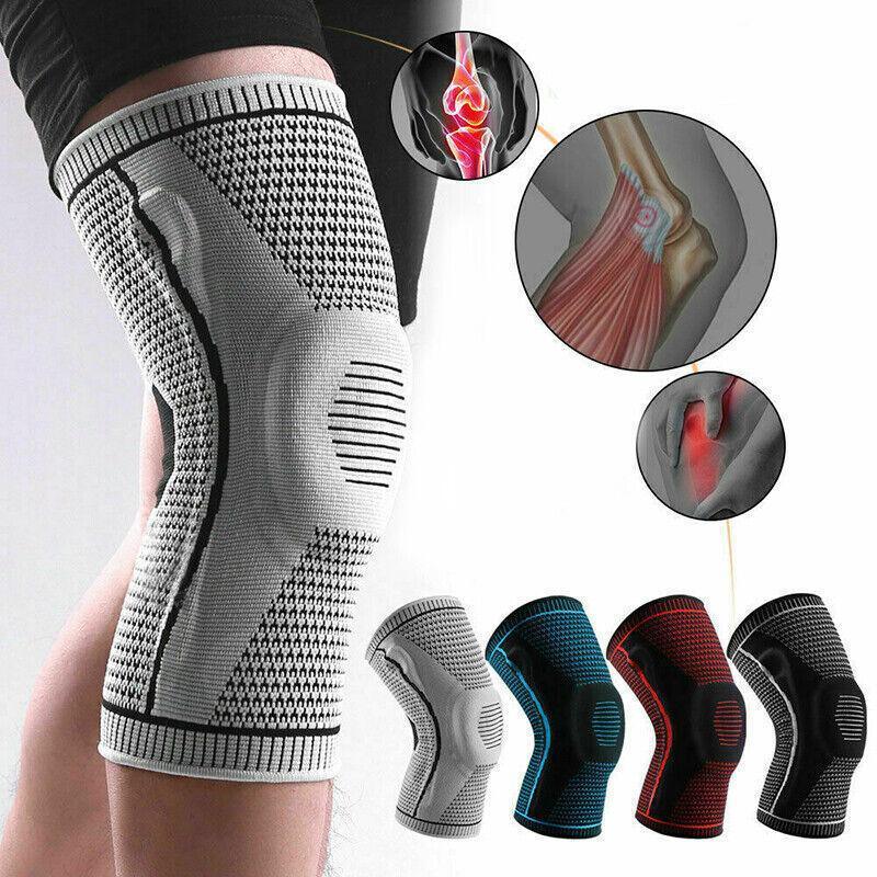 Red knee compression sleeve with silicone padding and breathable knitted fabric for sports support — view 4