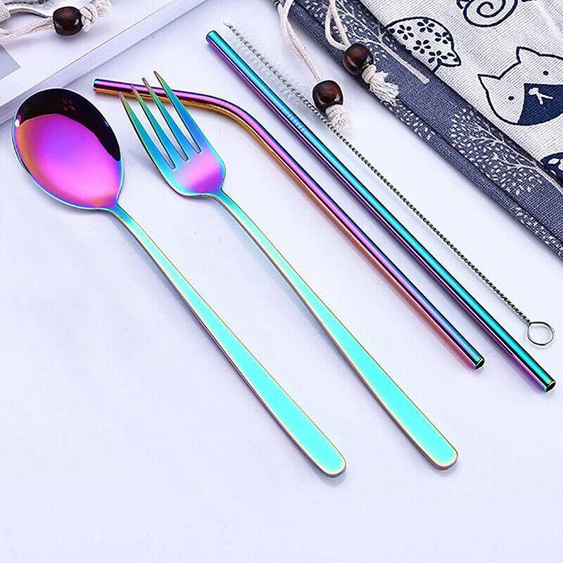 8-piece travel cutlery set in stainless steel with carrying case straws fork spoon and knife — view 5