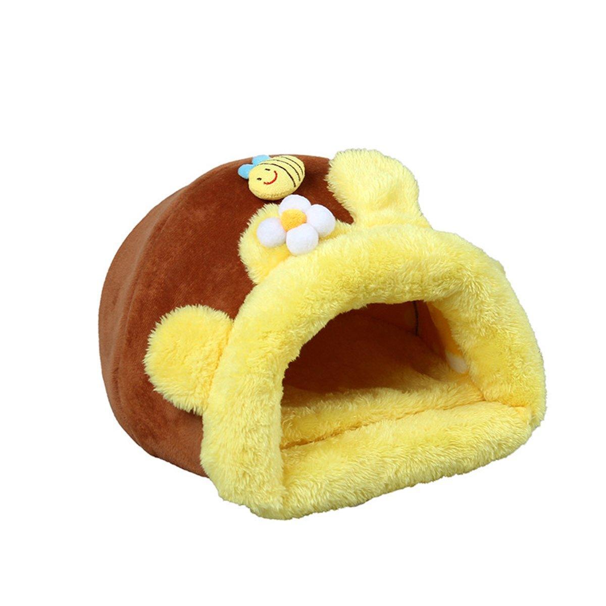 Yellow and brown honeypot shaped small animal bed made of padded cotton with removable cushion — view 2