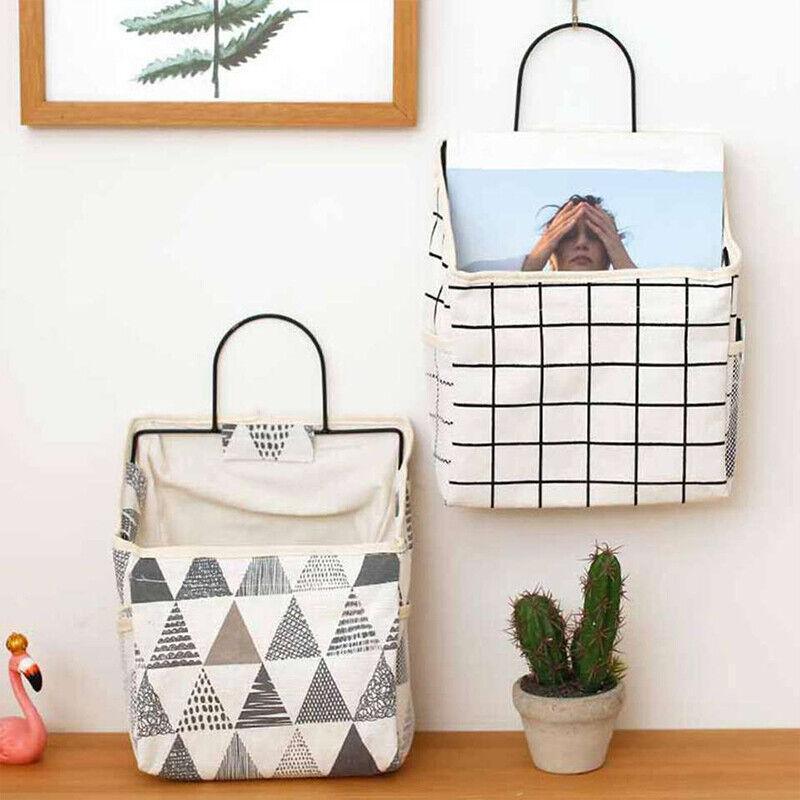 Canvas wall hanging storage bag with side pockets and steel frame hook for home organisation — view 4