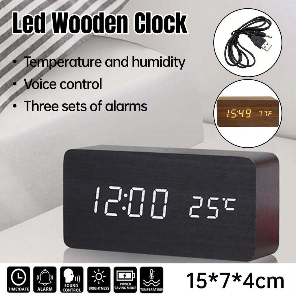 Modern minimalist wooden digital alarm clock with bright LED time and temperature display.
