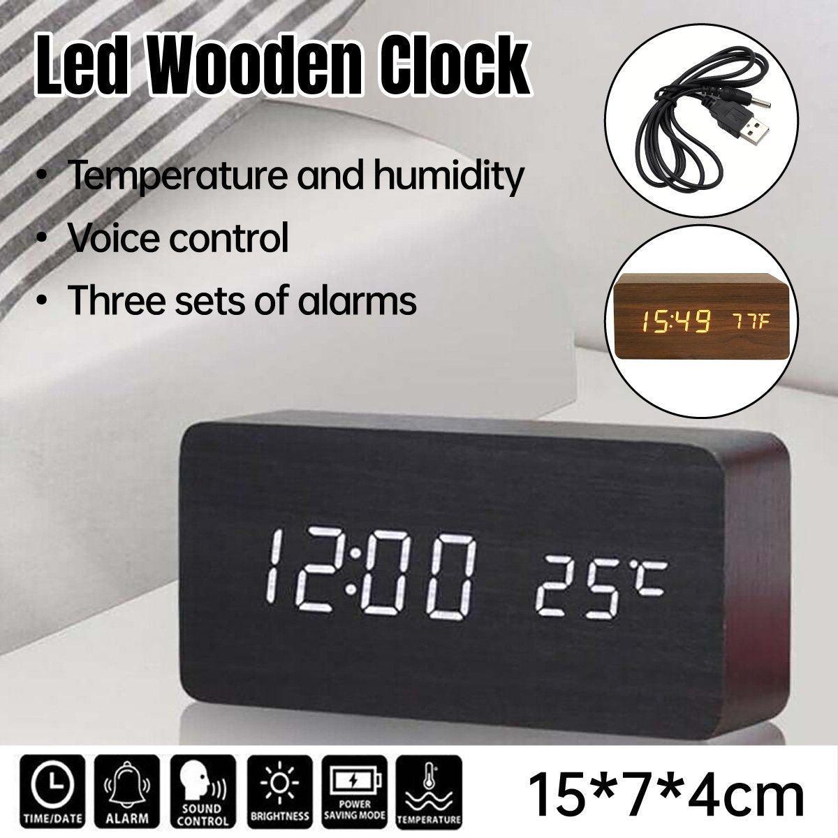 Modern minimalist wooden digital alarm clock with bright LED time and temperature display.