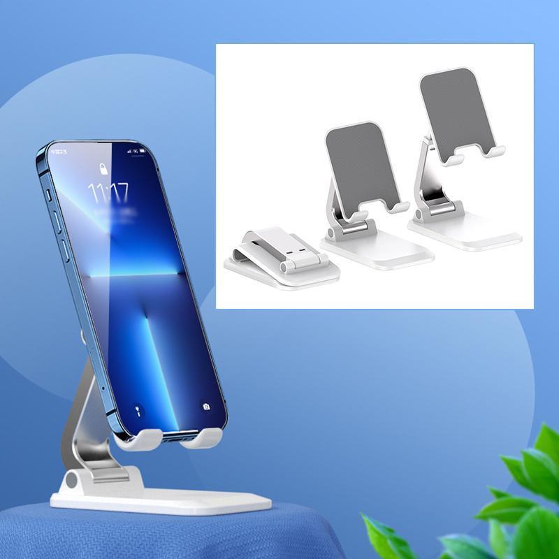 Adjustable foldable tablet stand in silver aluminum securely holding a mobile phone on a desk — view 3
