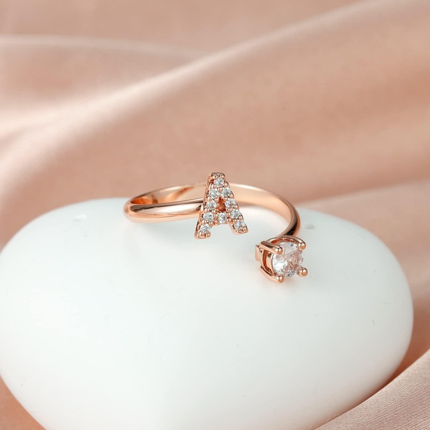 Adjustable rose gold open initial ring with sparkling zircon embellishments for women — view 5