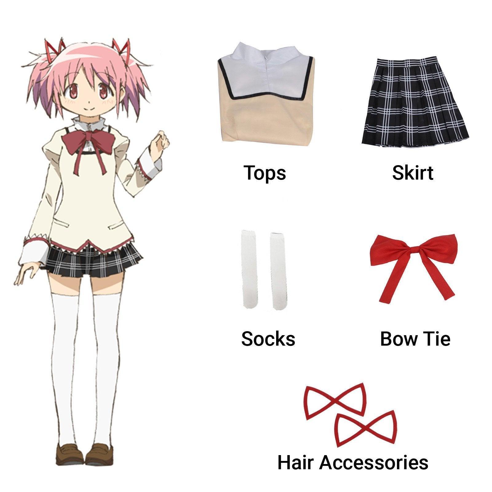 Magical girl cosplay school uniform featuring cream top, red bow tie, and black plaid skirt — view 4