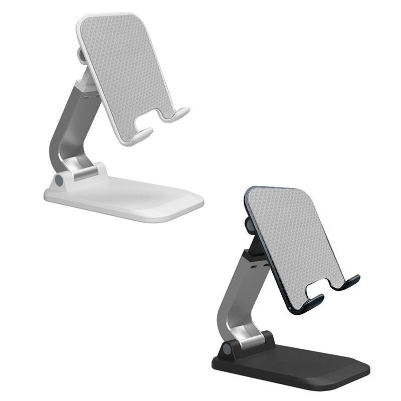 Adjustable foldable tablet stand in silver aluminum securely holding a mobile phone on a desk — view 2