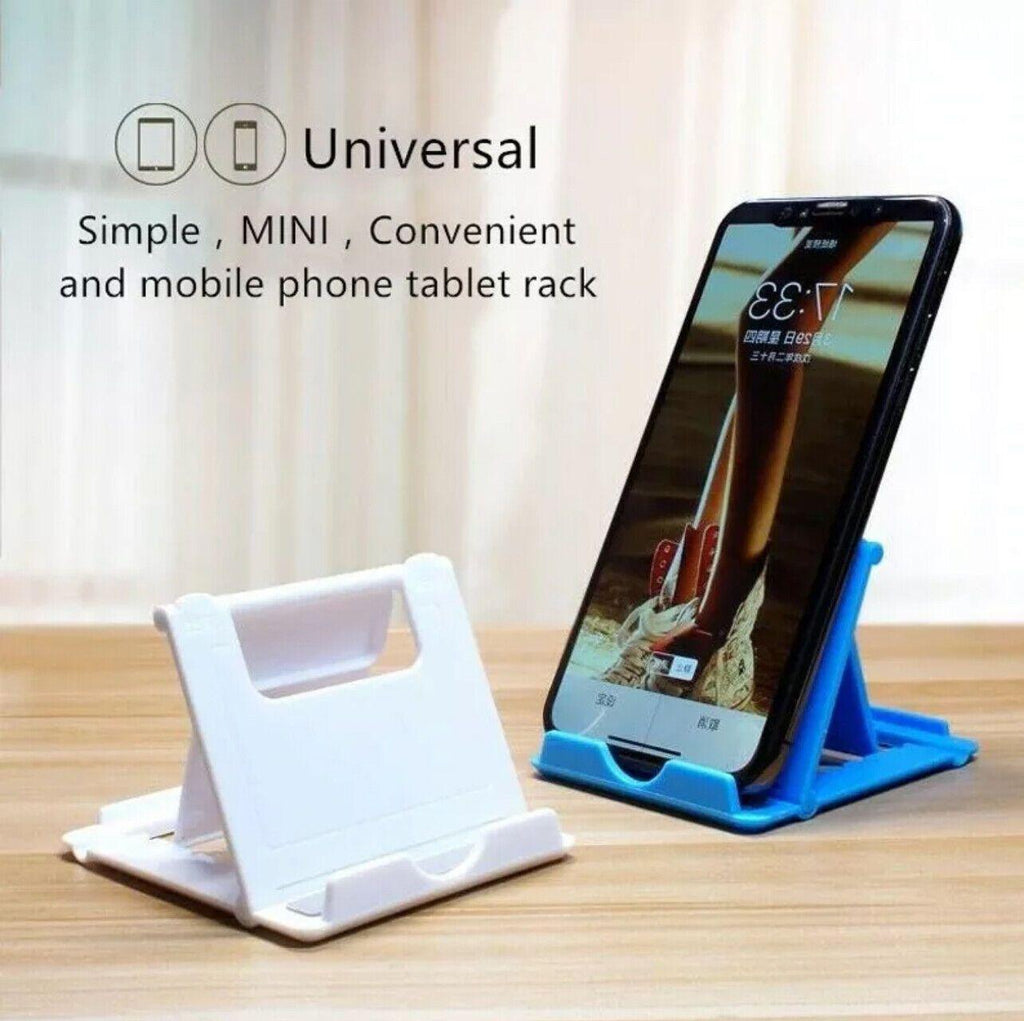 Adjustable foldable device stand made of durable plastic supporting a smartphone or tablet.