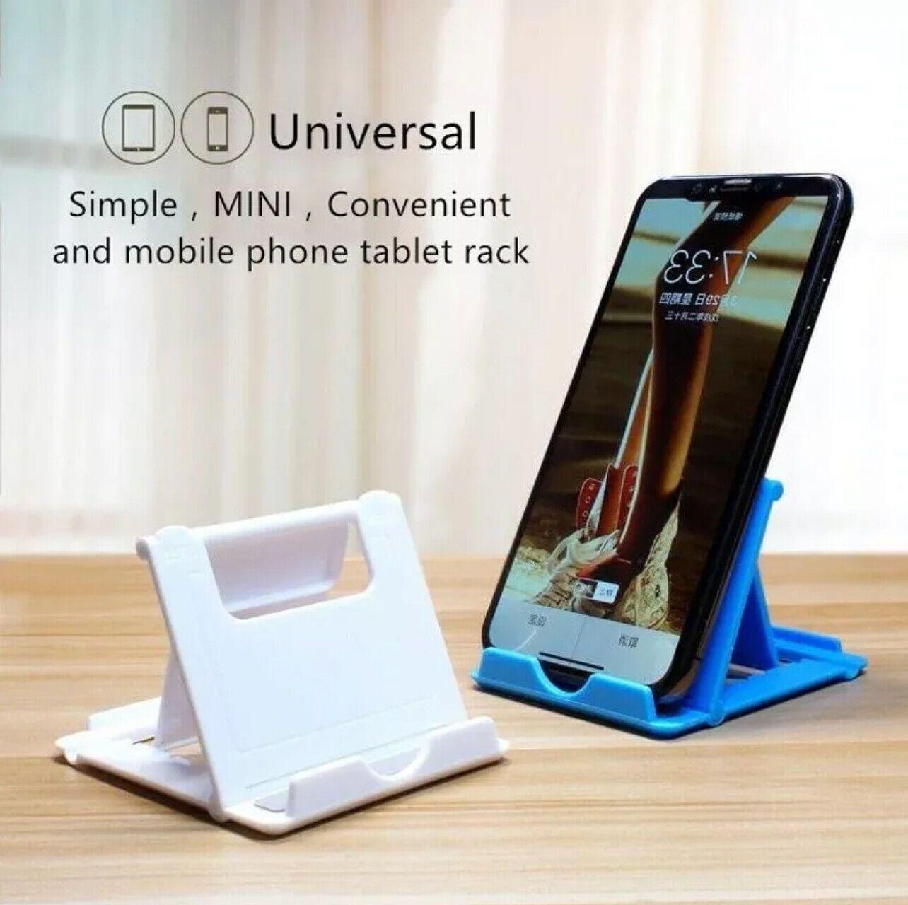 Adjustable foldable device stand made of durable plastic supporting a smartphone or tablet.