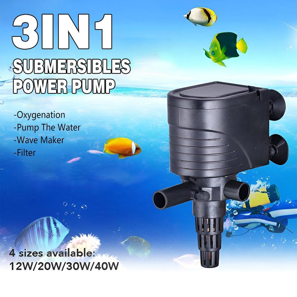Black compact 3-in-1 submersible aquarium filter pump and water oxygenator for fish tanks.