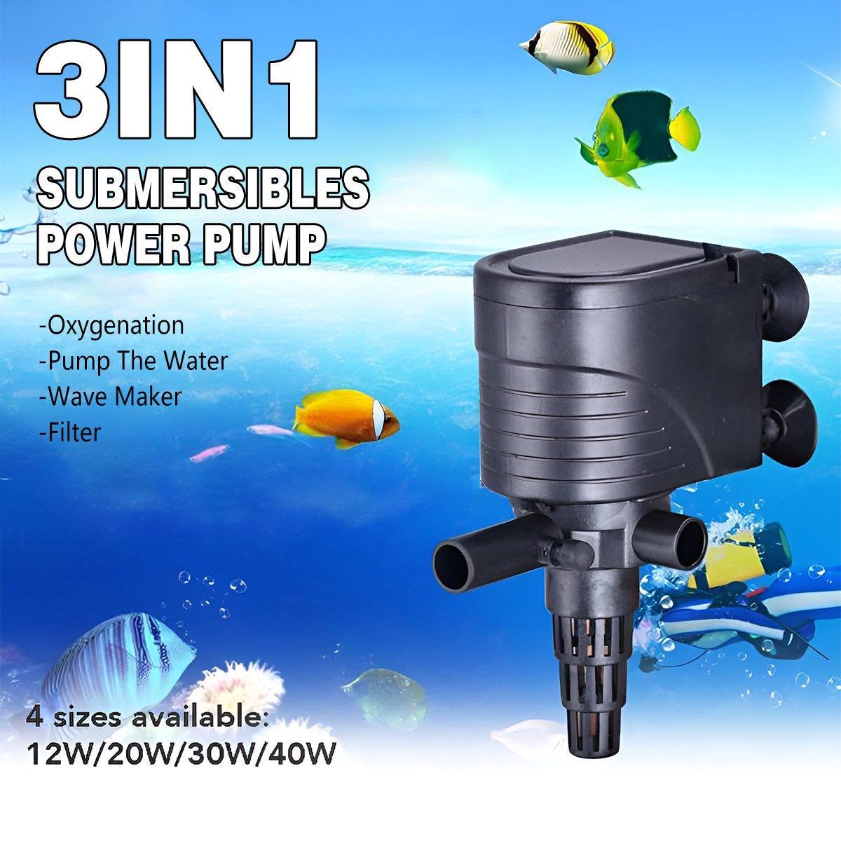 Black compact 3-in-1 submersible aquarium filter pump and water oxygenator for fish tanks.