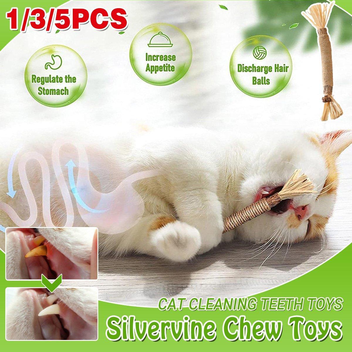 Natural silvervine cat chew stick with corn husk and hemp rope for dental cleaning