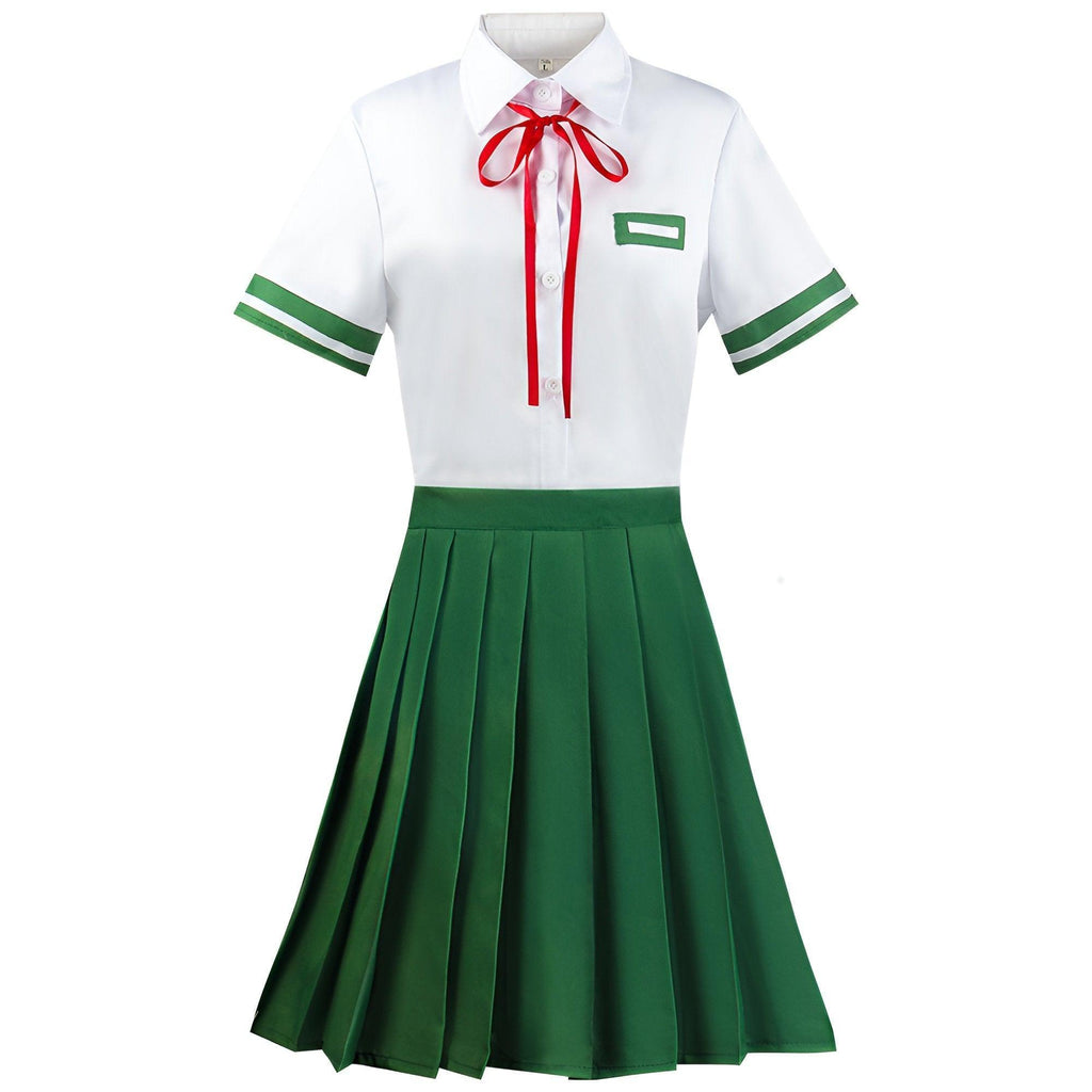 Suzume school uniform cosplay set with white shirt, green pleated skirt, red tie, and socks — view 3