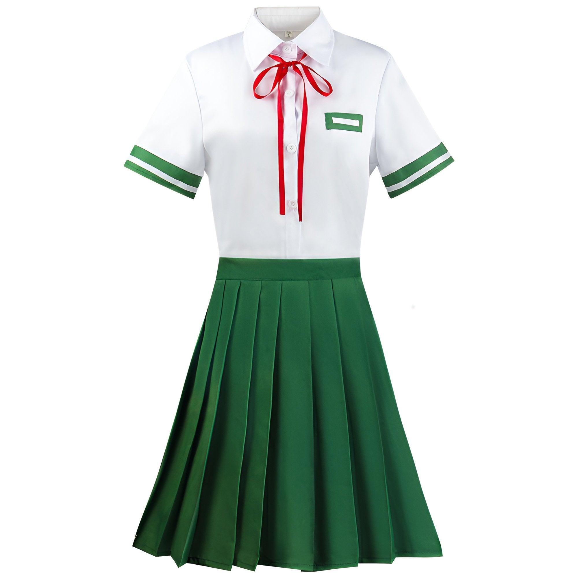 Suzume school uniform cosplay set with white shirt, green pleated skirt, red tie, and socks — view 3
