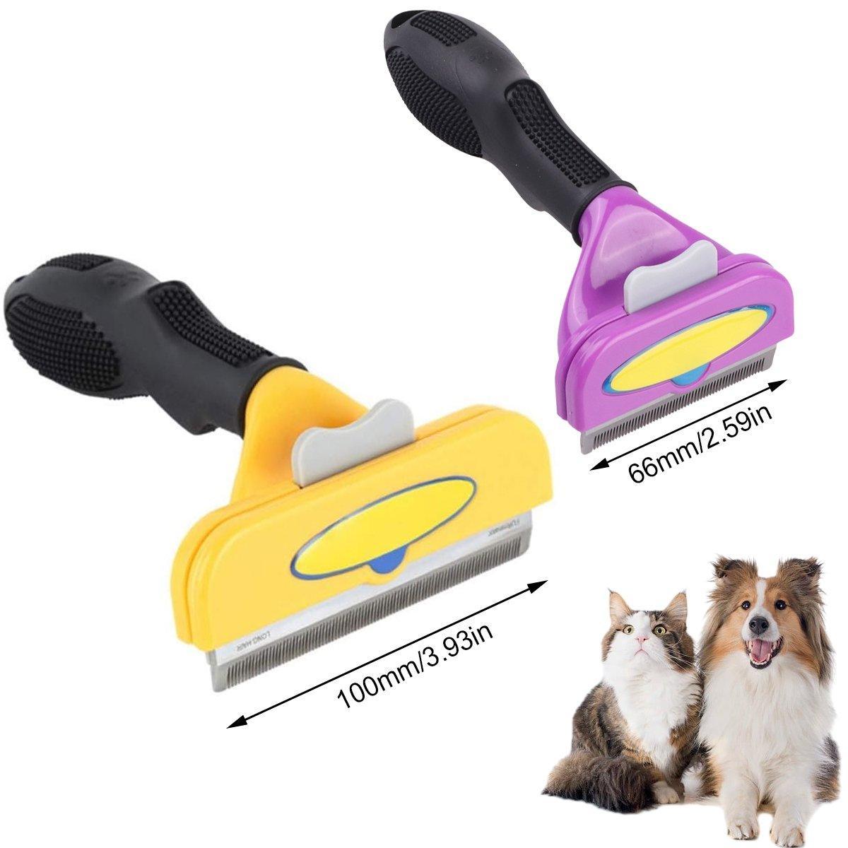Ergonomic pet hair removal brush with stainless steel deshedding teeth and durable plastic handle — view 3