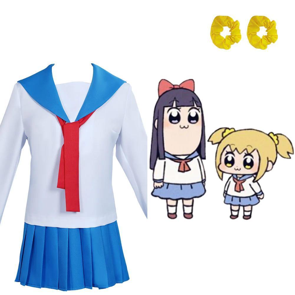 Pop Sub school uniform complete cosplay set with blue skirt, white top, and red tie — view 5