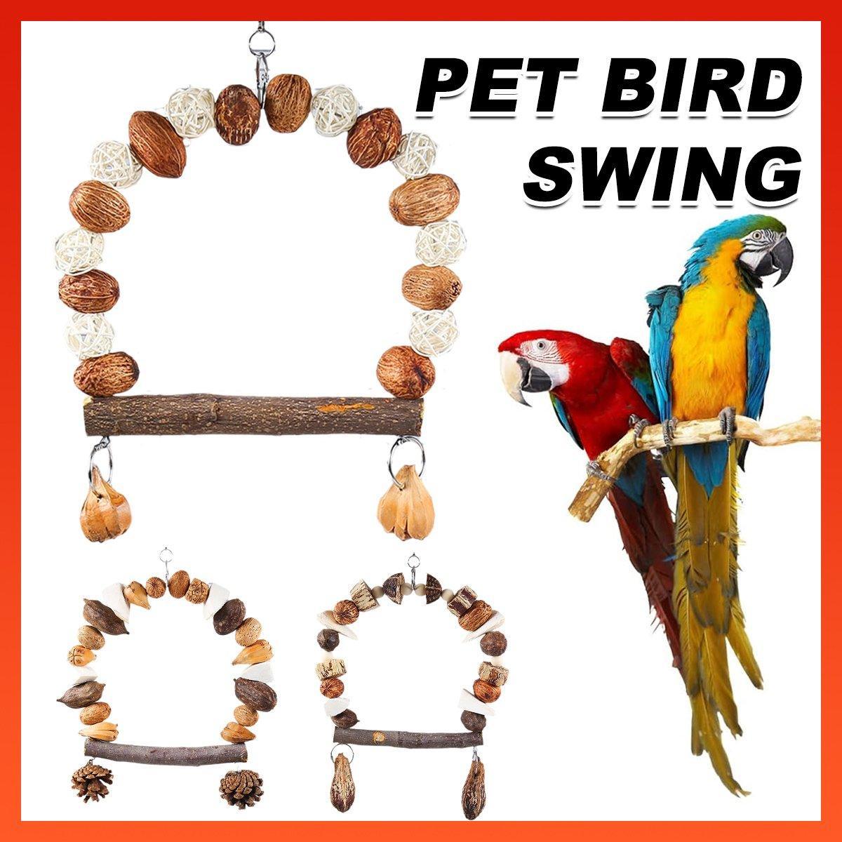 Natural wood parrot chew toy with hanging hook for beak grinding and active cage climbing