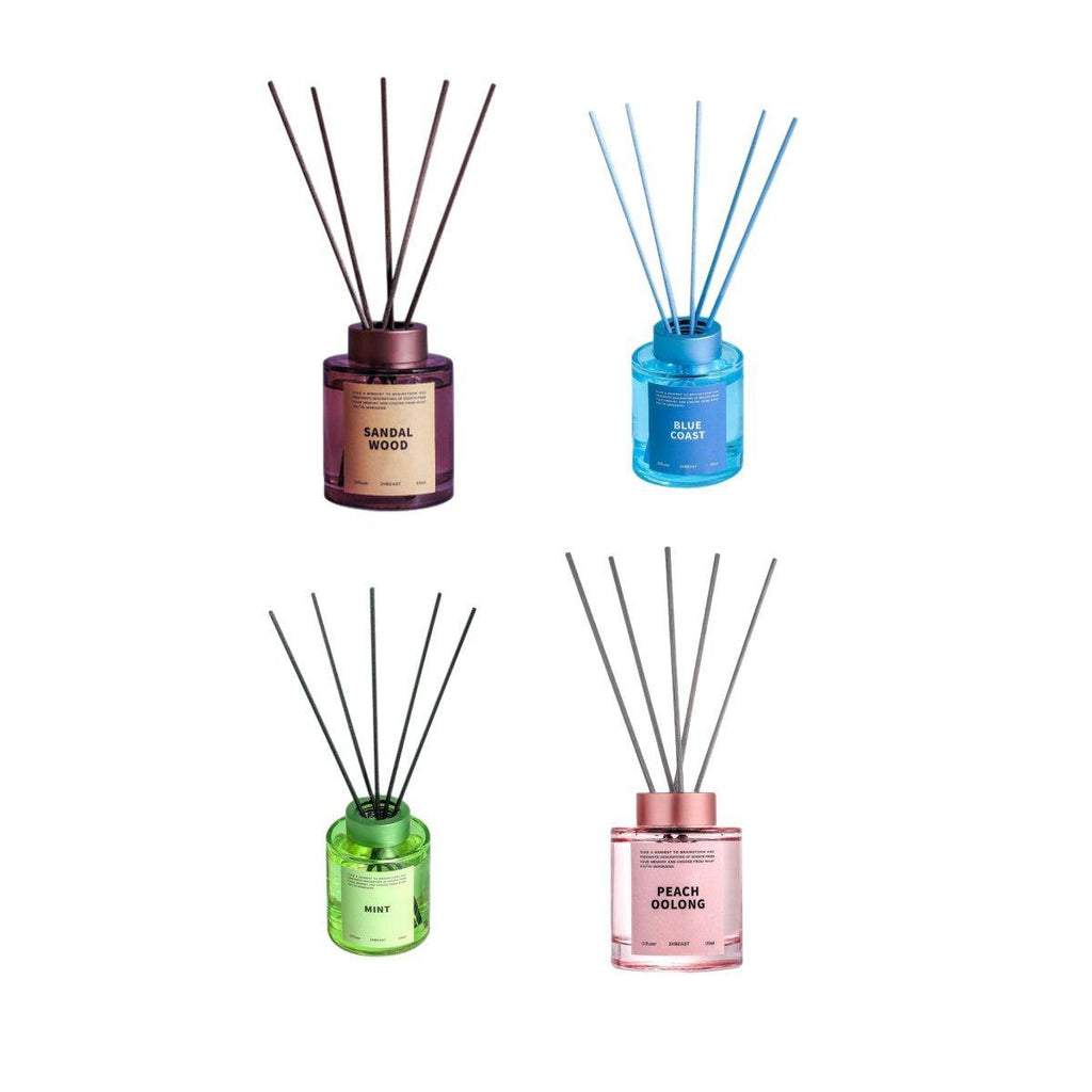 Five 120ml glass aromatherapy reed diffusers with natural rattan sticks in elegant minimalist design — view 2