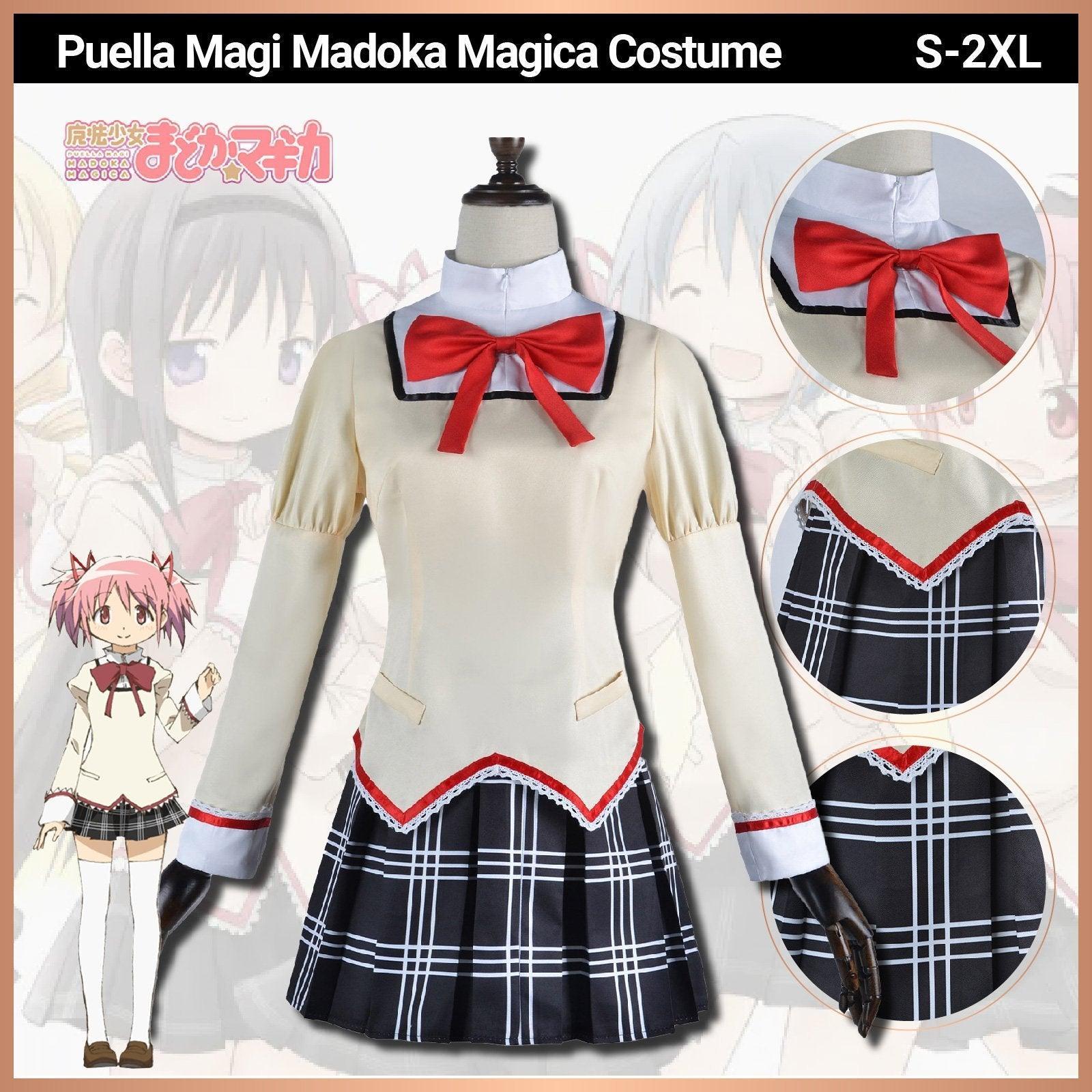 Magical girl cosplay school uniform featuring cream top, red bow tie, and black plaid skirt