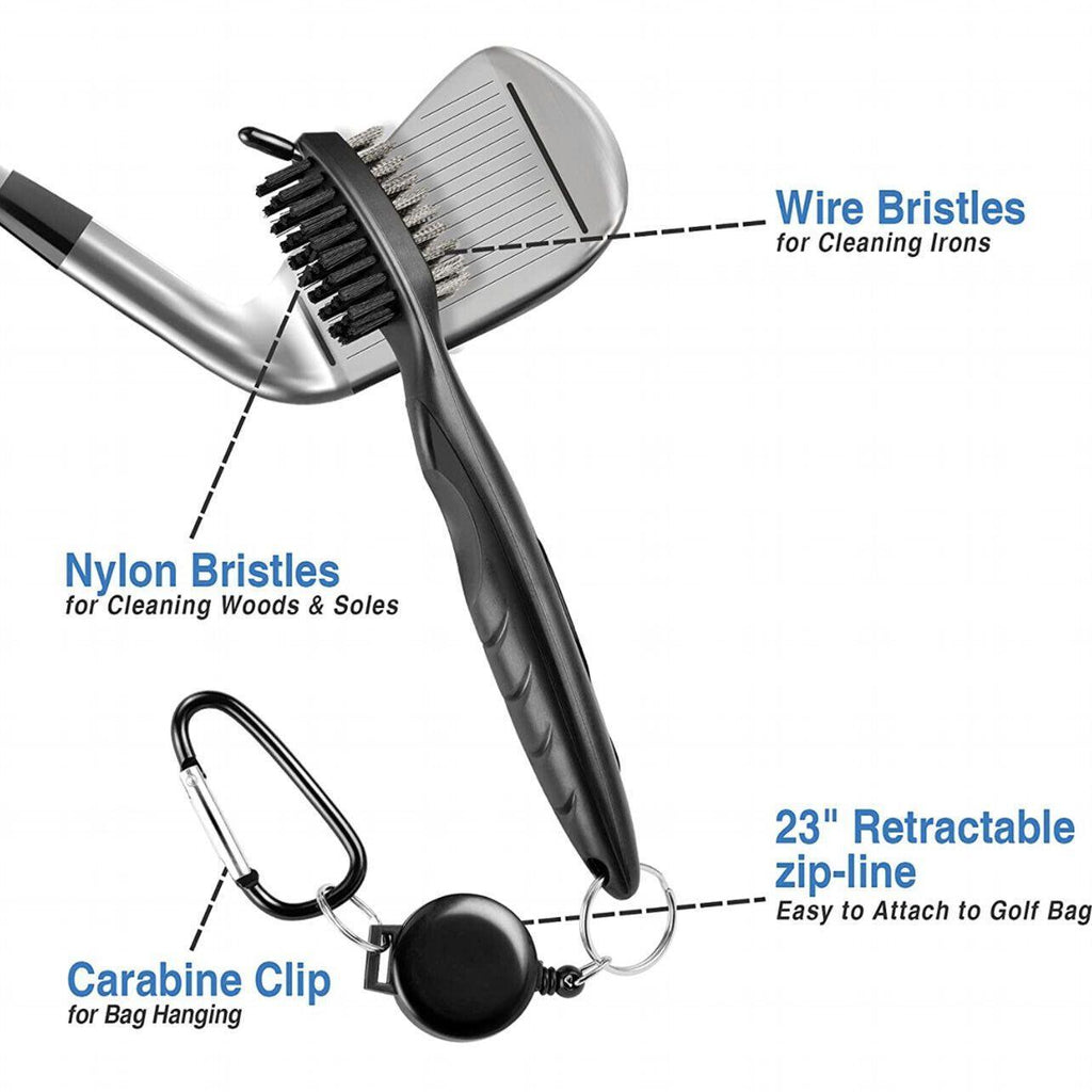 Double sided golf club cleaning brush with retractable clip and groove spike in black plastic — view 4