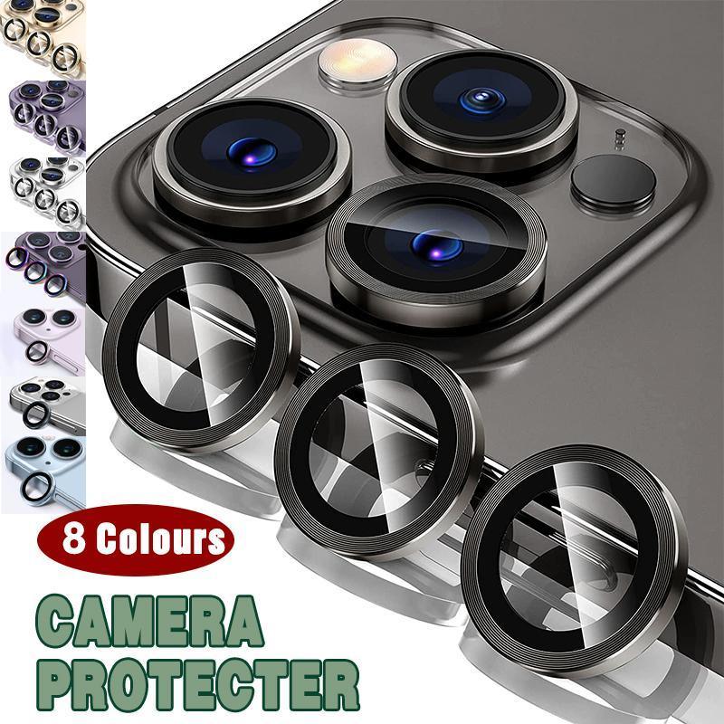 iPhone metal ring camera lens protector with clear tempered glass showing sleek premium edge protection.