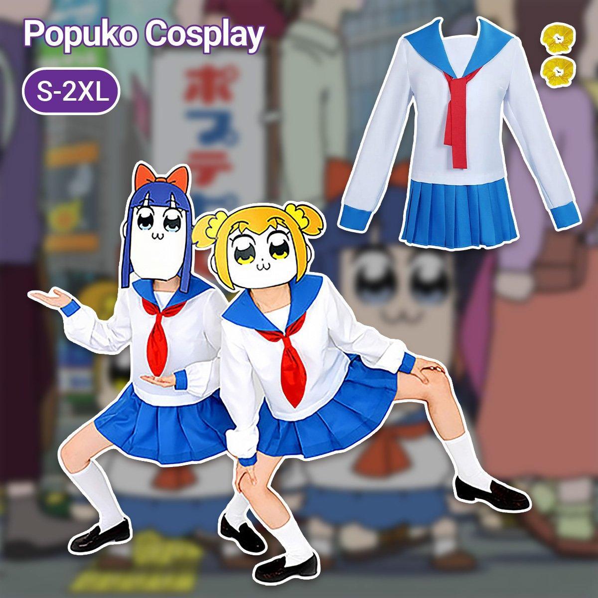 Pop Sub school uniform complete cosplay set with blue skirt, white top, and red tie