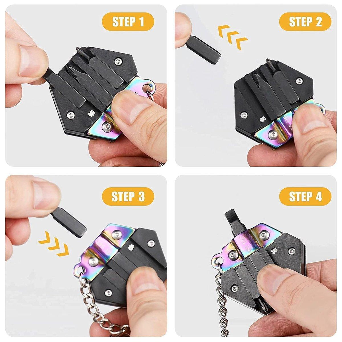 Black stainless steel hexagon pocket multitool keychain with folding knife and screwdriver bits attached — view 4