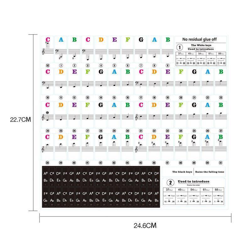 Transparent piano note stickers applied to a full-size keyboard showing staff notation — view 5