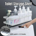 Matte black stainless steel one tier bathroom storage shelf mounted on a wall with toiletries