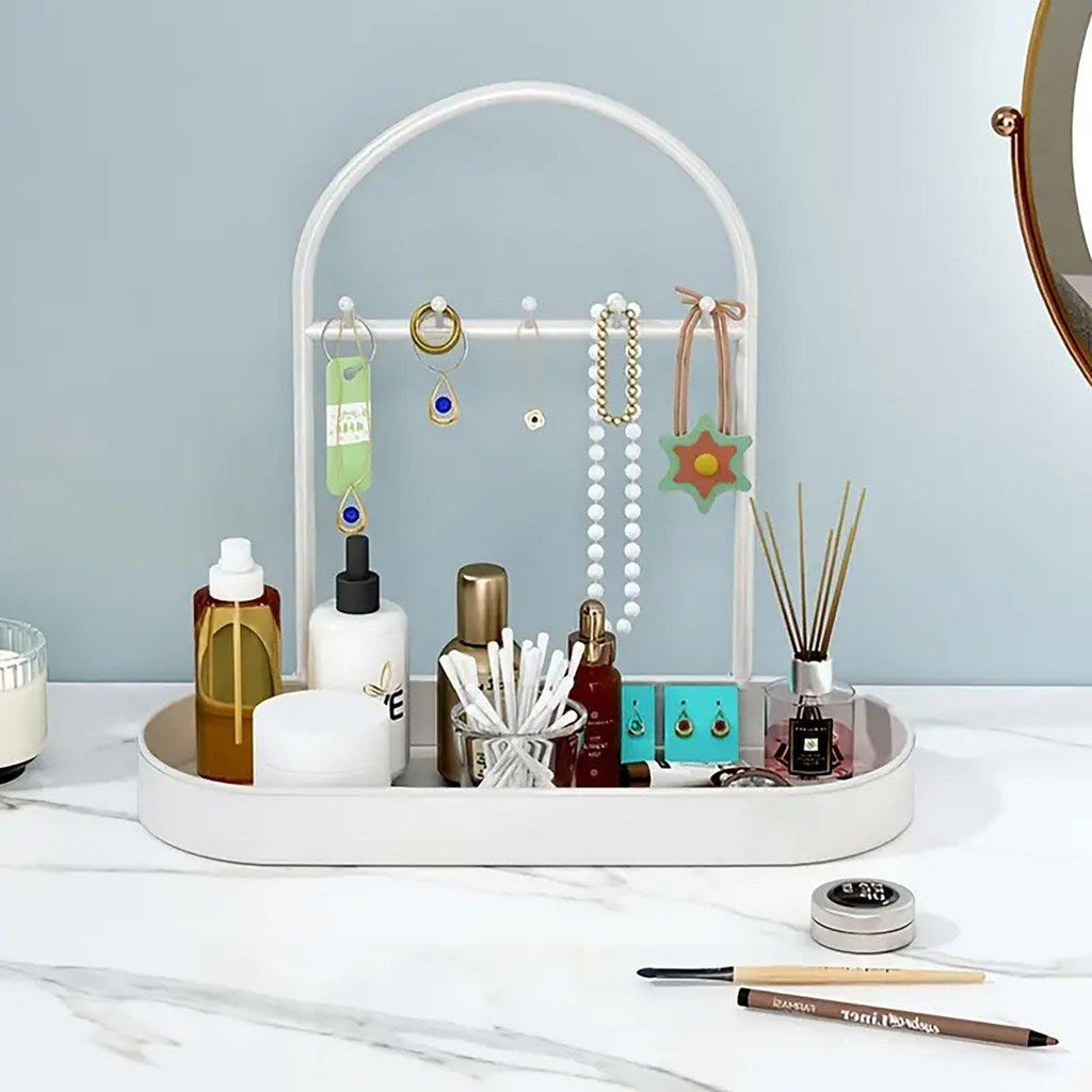 Minimalist metal and plastic entryway storage rack with key hooks and catchall tray for accessories — view 5