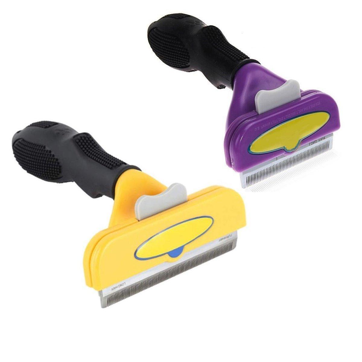 Ergonomic pet hair removal brush with stainless steel deshedding teeth and durable plastic handle — view 2